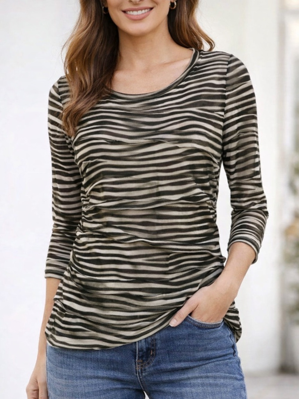 Tribal size small black, white, & tan zebra print top, 3/4 sleeves